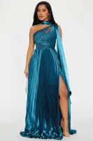 Elegant Satin One-Shoulder Gown with High Slit & Pleated Neck Tie – Available in Cognac & Teal