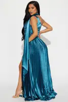 Elegant Satin One-Shoulder Gown with High Slit & Pleated Neck Tie – Available in Cognac & Teal(Teal,XS)