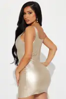 Chic Faux Leather Mini Dress - Gold & Black, Sleeveless with Back Zipper, Stretchy & Stylish(Gold,XS)
