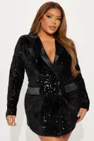 Elegant Sequin Blazer Dress with Shoulder Pads – Double Breasted, Long Sleeves – Black & Pink(Black,XS)