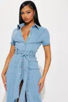 Stylish Denim Maxi Dress with Button Front & Tie Waist – Medium Wash or White – 70% Cotton, Stretchy & Comfortable(MEDIUM Wash,XS)