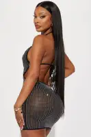 Sexy Rhinestone Embellished Halter Mini Dress - Adjustable Ties & Open Back (Black/Ivory)(Black,XS)