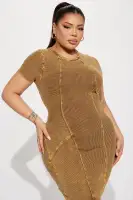 Elegant Mocha Midi Dress - High Neck, Short Sleeve & Stretchy Cotton-Spandex Blend(Mocha,XS)