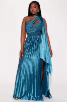 Elegant Satin One-Shoulder Gown with High Slit & Pleated Neck Tie – Available in Cognac & Teal(Teal,XS)