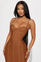 Elegant Corset Waist Bandage Midi Dress with Adjustable Straps – Camel & Wine(Camel,XS)