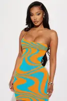 Stylish One-Shoulder Mini Sweater Dress – Orange/Combo, Swirl Design, Stretchy Rayon-Nylon Blend(Orange/combo,XS)