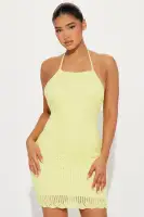 Yellow Crochet Mini Dress - High Neck Halter with Lining, Stretchy & Stylish, 33 Length