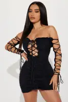 Off-Shoulder Mini Dress with Lace-Up Detail - Coral, Lime & Black - Stretchy & Double-Lined
