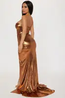 Elegant Metallic Maxi Dress with Sweetheart Neckline & High Slit - Bronze, Hot Pink, Aqua(Bronze,XS)
