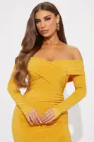 Mustard Off-Shoulder Maxi Dress with Long Sleeves & High Slit – Ruched Surplice Detail (95% Polyester, 5% Spandex)(Mustard,XS)