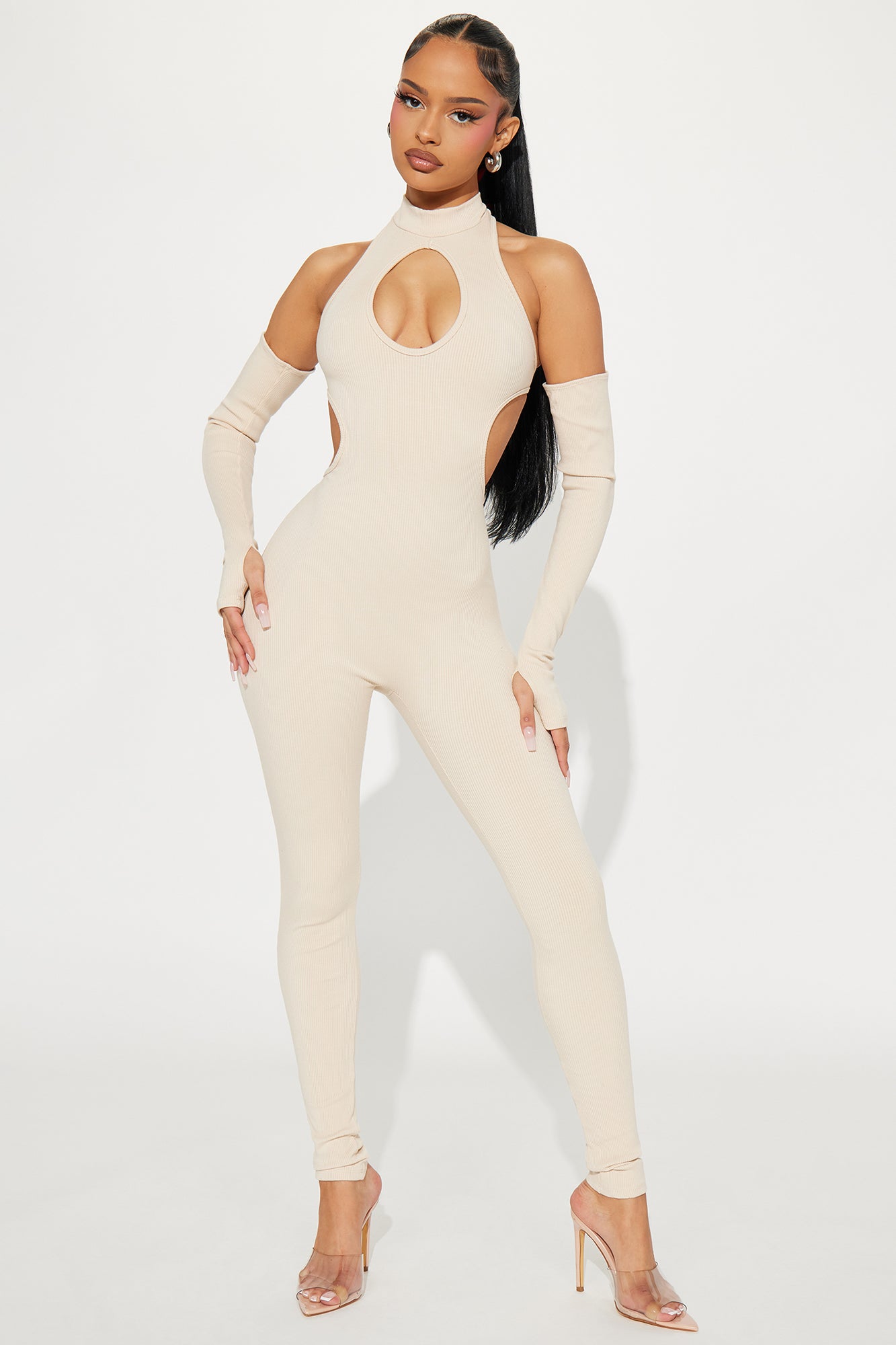 Mock Neck Keyhole Cut-Out Racerback Open Back Jumpsuit Thumb Hole Sleeve Stretch Compression Rib