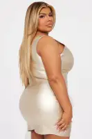 Chic Faux Leather Mini Dress - Gold & Black, Sleeveless with Back Zipper, Stretchy & Stylish(Gold,XS)