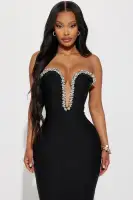 Elegant Sweetheart Neckline Midi Dress with Rhinestone Embellishments - Black, Pink, White, Blue(Black,XS)