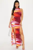 Elegant Burgundy Printed Maxi Dress - High Neck, Sleeveless with Double Slits & Stretch Fabric(Burgundy/combo,XS)