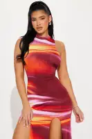 Elegant Burgundy Printed Maxi Dress - High Neck, Sleeveless with Double Slits & Stretch Fabric(Burgundy/combo,XS)