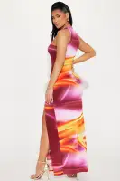 Elegant Burgundy Printed Maxi Dress - High Neck, Sleeveless with Double Slits & Stretch Fabric(Burgundy/combo,XS)