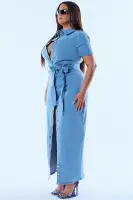Stylish Denim Maxi Dress with Button Front & Tie Waist – Medium Wash or White – 70% Cotton, Stretchy & Comfortable(MEDIUM Wash,XS)