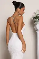 Elegant White Sequin Maxi Dress with Rhinestone Straps & Deep V-Neck – Backless X-Back Design(White,XS)
