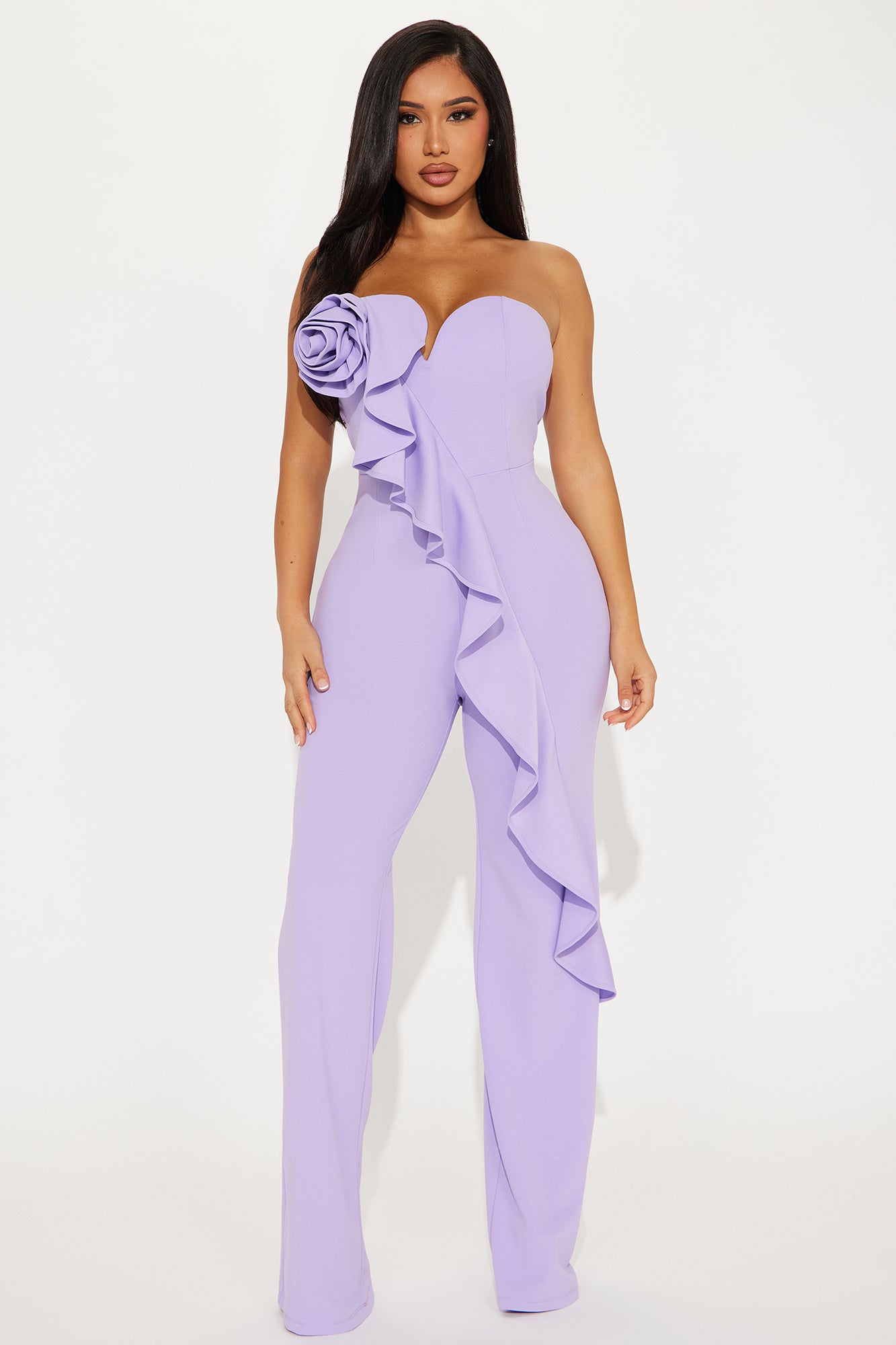 Strapless Ruched Back Jumpsuit with Flare Leg & Zipper Detail – Stretchy Comfort Fit
