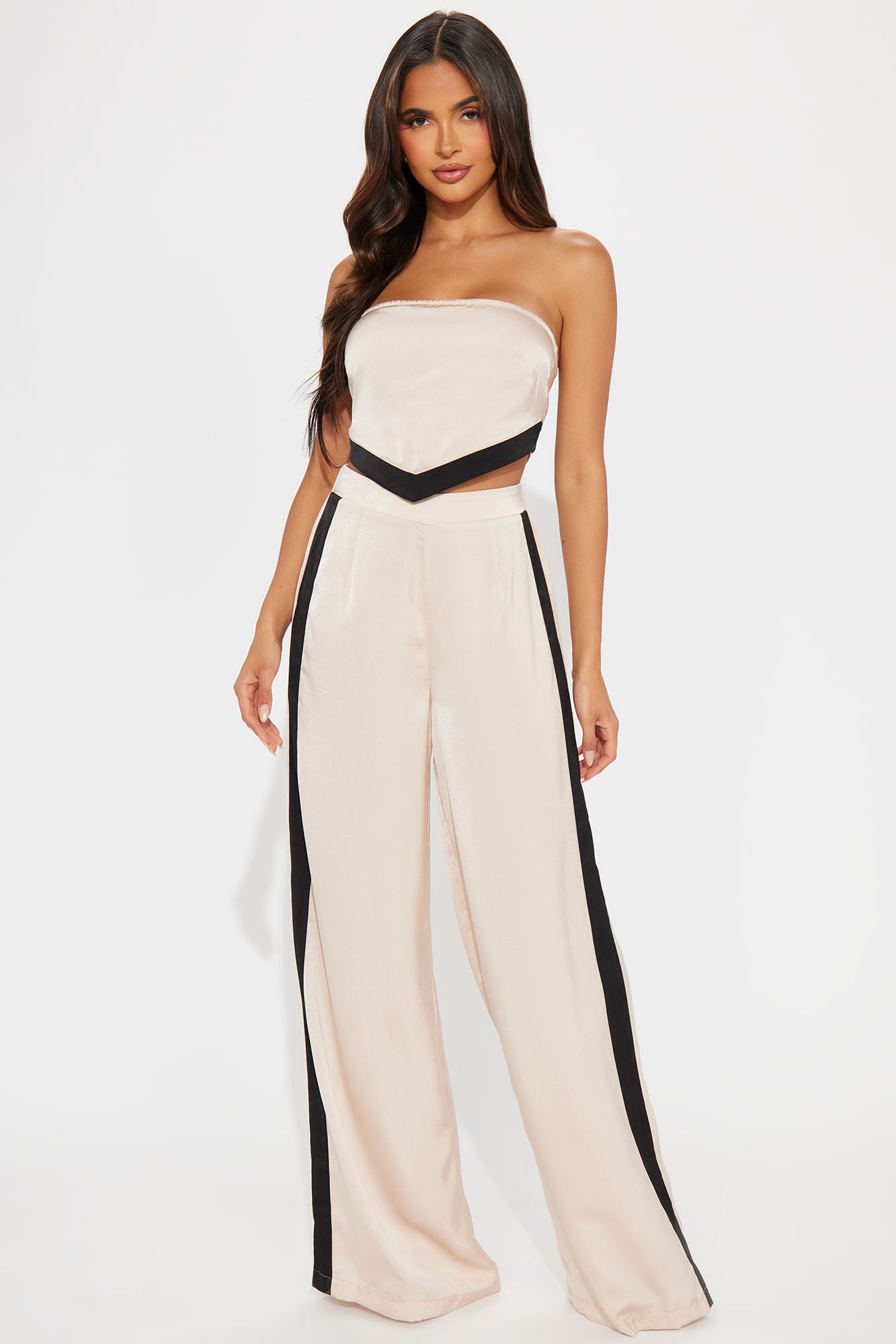 Elegant Taupe Blazer & Wide Leg Pant Set with Stretch & Wrap Detail
