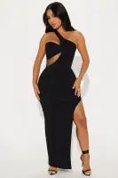 Elegant One-Shoulder Maxi Dress with Mesh Cut-Out & High Slit - Available in Chartreuse & Black