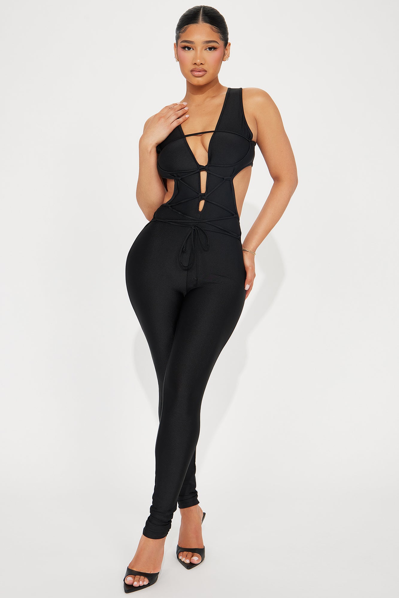 Sleeveless Deep V Neckline Front Tie Cut-Out Flare Leg Jumpsuit