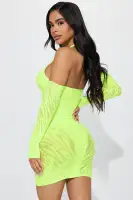 Sexy Lime Mini Dress Set with Plunge Neckline & Detachable Gloves - Stretchy 90% Nylon 10% Spandex(Lime,OS)