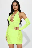 Sexy Lime Mini Dress Set with Plunge Neckline & Detachable Gloves - Stretchy 90% Nylon 10% Spandex