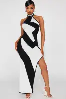 Sexy Halter Maxi Dress with High Slit & Low Back - Stretchy Viscose/Nylon - Black/White/Orange