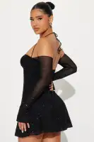 Sexy Black Mesh Mini Dress with Sweetheart Neckline & Long Flared Sleeves(Black,XS)