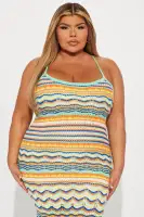 Elegant Crochet Maxi Dress with Adjustable Straps & High Slit – Multi Colors(Multi Color,XS)