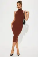 Stylish Sweater Midi Dress - Sleeveless Mock Neck in Hunter & Cognac | Stretch Rayon Blend