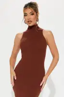 Stylish Sweater Midi Dress - Sleeveless Mock Neck in Hunter & Cognac | Stretch Rayon Blend(Cognac,XS)