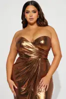 Elegant Metallic Maxi Dress with Sweetheart Neckline & High Slit - Bronze, Hot Pink, Aqua(Bronze,XS)