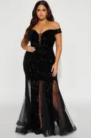 Elegant Sequin Off-Shoulder Maxi Dress – Deep V-Neck Mermaid Silhouette in Hunter & Black(Black,XS)