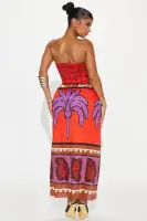 Elegant Linen Maxi Dress - Strapless Smocked Back with Slit, 100% Cotton(Orange/combo,XS)