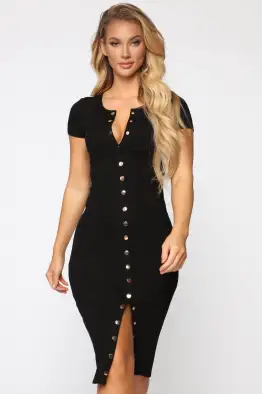 Stylish Rib Midi Dress - Short Sleeve, Full Button Front, Stretchy & Comfortable in 7 Colors (Black, Olive, Red, Mustard, Royal, Rust, Taupe) - 66% Rayon, 29% Polyester, 5% Spandex(Black,S)