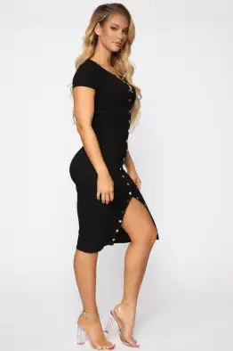 Stylish Rib Midi Dress - Short Sleeve, Full Button Front, Stretchy & Comfortable in 7 Colors (Black, Olive, Red, Mustard, Royal, Rust, Taupe) - 66% Rayon, 29% Polyester, 5% Spandex(Black,S)
