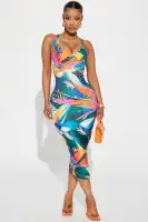 Printed Bandage Midi Dress - Adjustable Straps, Sweetheart Neckline & Padded Cups - Multi Color
