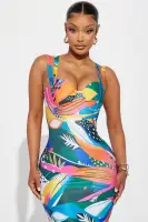 Printed Bandage Midi Dress - Adjustable Straps, Sweetheart Neckline & Padded Cups - Multi Color(Multi Color,XS)