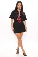 Stylish Black & White V-Neck Lace-Up T-Shirt Dress - Stretchy Cotton Blend with 'Thank You Enjoy' Print(Black,XS)