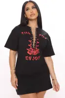 Stylish Black & White V-Neck Lace-Up T-Shirt Dress - Stretchy Cotton Blend with 'Thank You Enjoy' Print