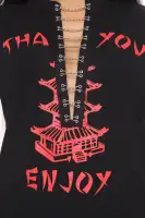 Stylish Black & White V-Neck Lace-Up T-Shirt Dress - Stretchy Cotton Blend with 'Thank You Enjoy' Print(Black,XS)