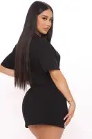 Stylish Black & White V-Neck Lace-Up T-Shirt Dress - Stretchy Cotton Blend with 'Thank You Enjoy' Print(Black,XS)