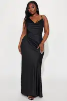 Elegant Black Satin Gown - Sleeveless Cowl Neck with Adjustable Spaghetti Straps(Black,XS)