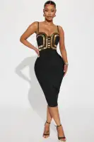Sexy Bandage Midi Dress with Cut-Outs & Padded Bra – Black/Gold/Pink Options