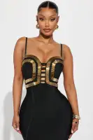 Sexy Bandage Midi Dress with Cut-Outs & Padded Bra – Black/Gold/Pink Options(Black/Gold,XS)