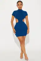 Stylish Mock Neck Mini Dress with Zipper & Cut-Out Details - Black & Navy - Stretchy Rayon/Spandex Blend