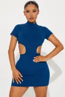 Stylish Mock Neck Mini Dress with Zipper & Cut-Out Details - Black & Navy - Stretchy Rayon/Spandex Blend(Navy,XS)