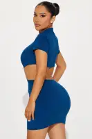 Stylish Mock Neck Mini Dress with Zipper & Cut-Out Details - Black & Navy - Stretchy Rayon/Spandex Blend(Navy,XS)